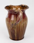 REMUED&nbsp;large pink and brown pottery jug with branch handle (A/F), together with a REMUED ashtray, vase, jug and basket vase, (5 items), the largest 25cm high - 3