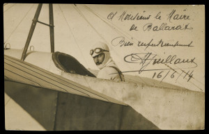 THE FIRST AIRMAIL IN AUSTRALIA - June 1914 16 June 1914 (AAMC.1) Melbourne - Bendigo - Ballarat, real photo postcard flown by French aviator, Maurice Guillaux, signed and endorsed by him (in French) with a greeting to the mayor of Ballarat. Superb condition.
