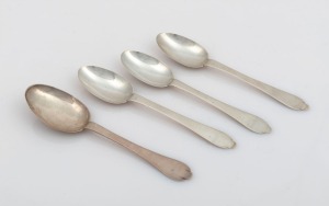 Four antique CHANNEL ISLANDS silver trefid spoons, 18th century, marks illegible but two possibly by PIERRE AMIRAUX, approximately 17.5cm long, 108 grams total
