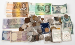 A small box containing an accumulation of coins and banknotes; a little Australian material noted.