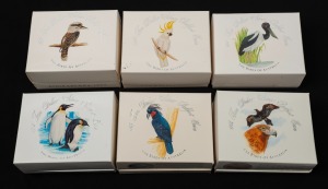 TEN DOLLAR SILVER PIEDFORT PROOF COINS - THE BIRDS OF AUSTRALIA: 1989 $10 Kookaburra, 1990 $10 Cockatoo, 1991 $10 Jabiru, 1992 $10 Emperor Penguin, 1993 Palm Cockatoo, and 1994 $10 Wedge-Tailed Eagle; all in original packaging with individual Certificates of Authenticity. (6 Piedfort Proofs).