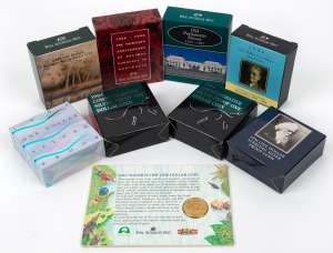 ONE DOLLAR SILVER PROOFS: 1993 (1), 1994 (2), 1996 Parkes (1), 1996 Decimal 30th Anniversary (1), 1997 Parliament House (1), plus a carded 1993 $1 Landcare Unc coin.