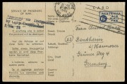 RUSHWORTH P.O.W. CAMP: 27 April 1946 usage of 6d POW Airmail postcard from a German prisoner at Camp 3B (Rushworth) to Germany; with 3-line Camp Commandant h/stamp, and Melbourne transit. BW: POW1 - $400.