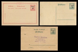 NEW GUINEA - 'G.R.I.' Overprints: POSTAL CARDS: 1915 G.R.I. Overprinted German New Guinea Postal Cards: NG2 1d on 5pf Green (diamond wmk), NG5 2d on 10pf Carmine, both Unused; together with NG3 1d on 5pf Green Unused (with handstamped addressee), (3 items). BW: $700.