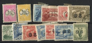 Kangaroos - Third Watermark: 10/- Grey & Aniline-Pink perf.OS CTO; 5/- Small Multi perf OS CTO, plus 3d Kooka, 1Ѕd Canberra, 1Ѕd Swan, 3d Air and 3d Sturt all perf.OS CTO; plus OS Overprinted 2d & 3d K-Smith, 6s sepia Air, 2d & 3d Bridge and 1/- Lyrebird, all CTO. (13).