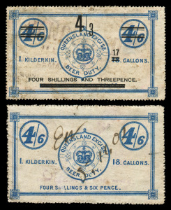 Revenues (Queensland): BEER KEGS: 1897 4/3 - 17 Gallons (overprint on 4/6), 4/6, 6/3 (modified in mss from 6/6), 6/6 (2, one with mss date) and 9/-, (6). Mixed condition but rare.