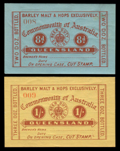 Revenues (Queensland): BARLEY MALT & HOPS - BOTTLED BEER: 1903 8d, 1/-, 1/4 and 2/-, serial numbers in red, all Unused with gum. (4).