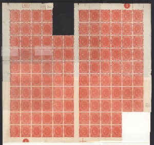 TASMANIA: 1880-91 (SG.160a) 1d vermilion-red, perf.11½, large part sheet of (112), lacking only a blk.4 from each pane; preserving the Plate Numbers 1 and 41, all stamps MUH. Cat.£1,456+.
