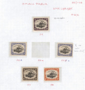 PAPUA: 1907-10 (SG.49 - 71) Small PAPUA Lakatoi collection on annotated pages, several examples of upright and inverted wmks, several plate flaws noted and a few shades, (32) M/MUH, Cat. approx. &pound;750. [Also included, but not accounted for is what appears - 3