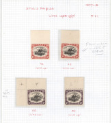 PAPUA: 1907-10 (SG.49 - 71) Small PAPUA Lakatoi collection on annotated pages, several examples of upright and inverted wmks, several plate flaws noted and a few shades, (32) M/MUH, Cat. approx. &pound;750. [Also included, but not accounted for is what appears - 5