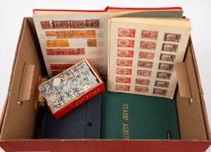 AUSTRALIA: Mainly Australian material in six various albums, all housed in a large content. Noted useful quantities of Used Kangaroos and KGV Heads. (many 100s).