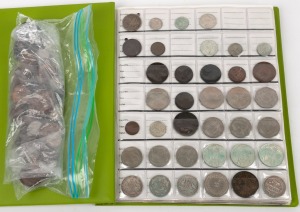 AN ACCUMULATION OF ASSORTED COINS, MEDALLIONS AND BADGES: Housed in a green album with a quantity loose. Of note: 1966 Australian 50 cents pieces, 1927 Australian Floren, decimal and pre-decimal Australian coins, coins of the world, numerous pennies etc. Inspection will reward.