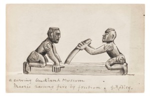 HORATIO GORDON ROBLEY (England, New Zealand, 1840 - 1930), A carving Auckland Museum, Maoris raising fire by friction, monochrome, watercolour and wash on a blank postcard, signed "G. Robley" at lower right, 9 x14cm.