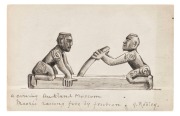HORATIO GORDON ROBLEY (England, New Zealand, 1840 - 1930), A carving Auckland Museum, Maoris raising fire by friction, monochrome, watercolour and wash on a blank postcard, signed "G. Robley" at lower right, 9 x14cm.