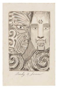HORATIO GORDON ROBLEY (England, New Zealand, 1840 - 1930), A group of three illustrated but unsigned cards, one depicting a kiwi carving and two depicting a Maori couple with facial tattoos, one card amusingly titled "Darby & Joan"; monochrome, watercolour and wash on a blank postcards, each 8.5 x14cm. (3).