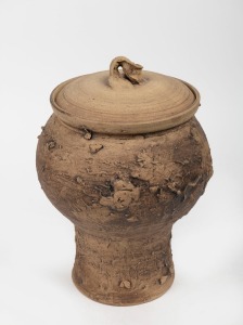 JOHN MOORE brown pottery lidded jar, 33cm high