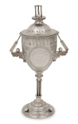 "THE SUBURBAN CHALLENGE CUP" Australian silver cricket trophy cup and cover, most likely the work of HENRY YOUNG of Collingwood in Melbourne, circa 1870s. 23cm high, 222 grams