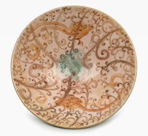ARTHUR MERRIC BOYD & JOHN PERCEVAL pottery bowl with hand-painted birds and ferns, incised "A M B", 7.5cm high, 28cm diameter