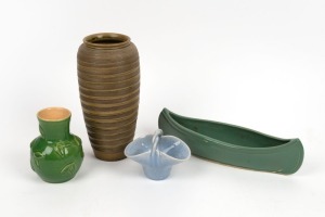 A green glazed pottery vase incised "H. King", together with a blue basket vase, a green canoe vase, and a Japanese art pottery vase with banded decoration, (4 items), the largest 25cm high