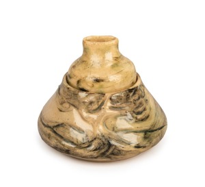 MERRIC BOYD lidded pottery bowl with landscape decoration, incised "Merric Boyd, 1946", 7.5cm high, 9.5cm wide