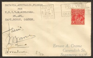 9 Jan.1937 (AAMC.702) (Batavia, D.E.I.) - Darwin - Sydney flown cover, flown by KNILM and signed by the whole crew; cancelled Jan.12 on arrival. Endorsed verso in Crome's hand "one of twelve only".