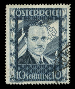 AUSTRIA: 1936 10s Dollfuss, VFU; together with a set of 1946 Renner stamps with side tabs Imperforate (cut from the Miniature sheets, Mi.772B-775B) MLH. (5 stamps).