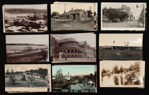 WESTERN AUSTRALIA: A collection of photographic postcards featuring street scenes and bird's-eye views of towns and cities, Queens Gardens, Perth Hospital, Mundarino Weir, Golden Horseshoe Gold Mine, and others. Publishers/photographers include Austral Stores, Bon Marché Stores, Norman Bros, P. Falk & Co., and Murray Studios. (Total: 32; 19 unused; 13 used)