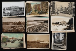 NEW SOUTH WALES: A collection of photographic postcards featuring street scenes and bird's-eye views of towns and cities, Circular Quay, Harbour Bridge Footway, Katoomba Orphan Rock, Ansett Flying Boat in Grafton, and others. Publishers/photographers include Murray Views, Valentine, Swain & Co., Mowbray, and Crystal Palace. (Total: 35; 16 unused; 19 used)