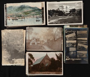 TASMANIA: A collection of photographic postcards featuring street scenes and landscapes, Table Cape lighthouse, Mersey Bluff lighthouse, Tasman's Arch, Austin's Ferry Chalet, Hotel Mount Wellington, Wrest Point Hotel, and others. Publishers/photographers include J. W. & S., Spurling & Son, Valentines, Ash Bester, Wallace and Selwyn Cox Launceston. (Total: 28; 12 unused; 16 used)
