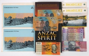 Decimal Banknotes: An accumulation of Australian decimal banknotes and coins comprising of: ANZAC Spirit 2018 Coin Collection, 1988 Australian Mint Coin Sets (2), commemorative $10 note (2), Australian $10 polymer notes (4), Australian $5 polymer notes (11), Australian $20 note, Australian $5 note, (qty).
