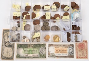 An accumulation of Australian coins in a plastic sorting box; noted 1915 Sovereign (M) with remnants of jewellery mount, a 1937 Crown, 1966 50c (2), a few banknotes and a small number of foreign coins.