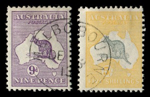 Kangaroos - First Watermark: 9d Violet, together with a 5/- Yellow & Grey, both CTO with gum. (2). BW: $420.