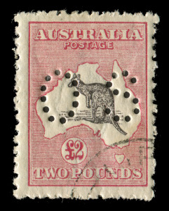 Kangaroos - Third Watermark: £2 Purple-black & Pale-rose, perforated OS, CTO with gum. BW: 56wa - $4750. SG.O53 - Ј2500.
