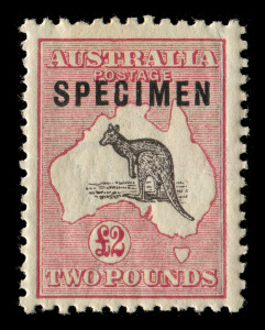 Kangaroos - Third Watermark: £2 Grey-black & Crimson, Overprinted SPECIMEN, Type C, with gum. BW: 56xb - $500.