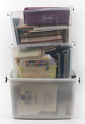 WORLD: Three plastic tubs full of albums, covers, cinderellas, stationery, loose stamps, etc. World Wide. A winter weekend project!