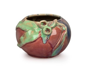 REMUED&nbsp;spherical pottery vase with applied gumnuts and leaves, glazed in pink, blue and green, incised "Remued, Hand Made, 53SM", 10cm high, 14cm wide