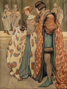 (After) AVERIL M. BURLEIGH (British, 1883-1949), A Stately Measure, illustrating a courtly dance, oil on canvas, laid on board, signed lower left "R. Scheele", additional research notes affixed verso, 85 x 76cm, 100 x 82cm overall