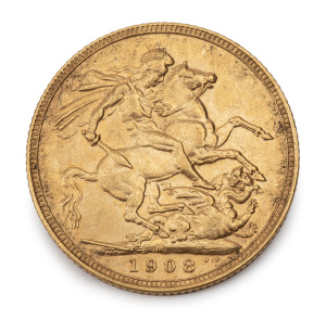 1908 Sovereign, Edward VII, St. George reverse, Melbourne, EF.