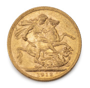 1912 Sovereign, GEORGE V, St. George reverse, Melbourne, EF.
