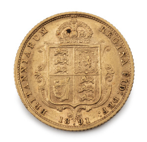 Half Sovereign, Queen Victoria Jubilee Head, 1891 Shield reverse, Sydney Mint, EF.