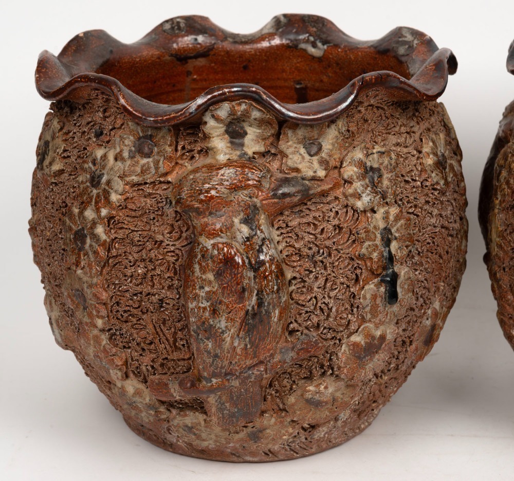 A pair of Australian earthenware salt glazed jardinieres with ruffled ...