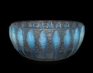 LALIQUE Perruches opalescent French glass bowl, circa 1931, acid etched mark "R. LALIQUE, FRANCE", 10.5cm high, 25cm diameter