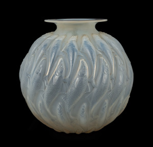 LALIQUE Marissa opalescent French glass vase, circa 1927, engraved "R. LALIQUE, FRANCE, No. 1002", with original paper label "HARDY BROS. LTD. AUSTRALIA", 23cm high.