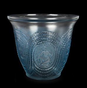 LALIQUE "DRYADES" French Art Deco glass vase with blue stained finish, circa 1937, acid etch "R. LALIQUE, FRANCE", 21.5cm high, 26.5cm diameter.