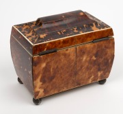 A fine quality Georgian bombe shaped tortoise shell tea caddy with double curvetto&nbsp;lid, silver bun feet, escutcheon and name plate, plus ivory trim. Interior fitted with two lidded compartments, circa 1800, ​​​​​​​14.5cm high, 17.5cm wide, 11cm deep. - 3