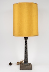 An antique silver plated Corinthian column based table lamp with shade, ​​​​​​​84cm high overall.