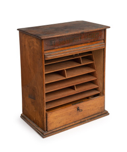"MY STATIONERY CABINET" attractive desk top desk tidy with tambour front, pull out drawer and compartments, late 19th century, 35cm high, 29cm wide, 18cm deep.