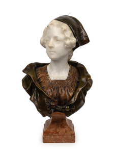 An antique Continental carved alabaster bust with ornate bronze mounts and Sienna marble plinth, late 19th century, 54cm high