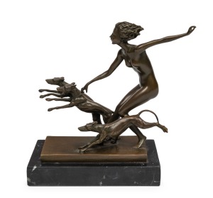 (after) JOSEF LORENZL Art Deco style bronze figure group of a naked lady and hounds on black marble base, signed "Lorenzl" with foundry button mark to base, 22cm high, 22cm wide overall