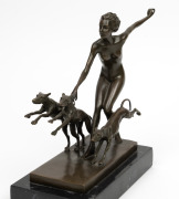 (after) JOSEF LORENZL&nbsp;Art Deco&nbsp;style bronze figure group of a naked lady and hounds on black marble base, signed "Lorenzl" with foundry button mark to base, 22cm high, 22cm wide overall - 2
